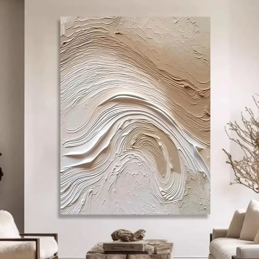 Beige and white textured abstract canvas painting with layered flowing brushstrokes ideal for aesthetic room decoration thickness