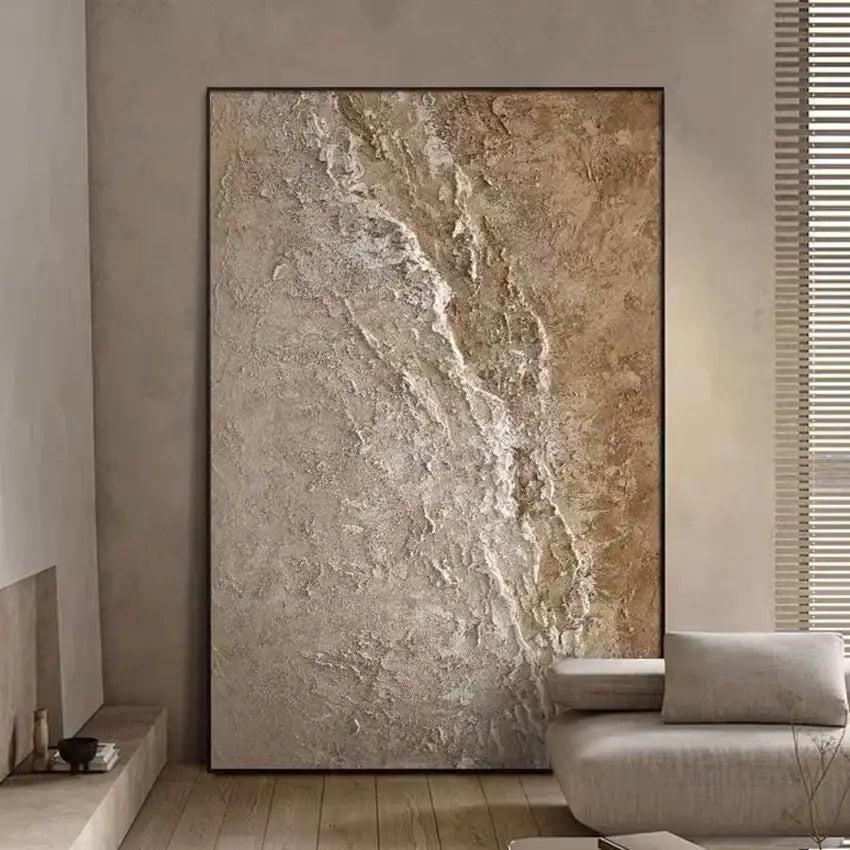 Decorbites™ modern abstract 3d acrylic wall art set featuring a tall beige and cream marbled painting for aesthetic room decoration thickness