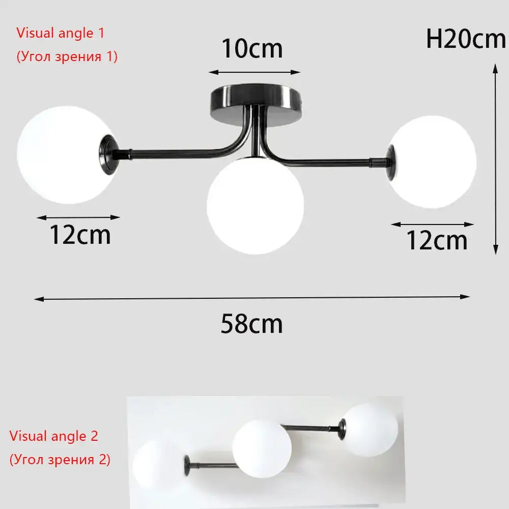 Modern black metal ceiling light with three frosted acrylic ball shades for stylish home lighting DecorBites™