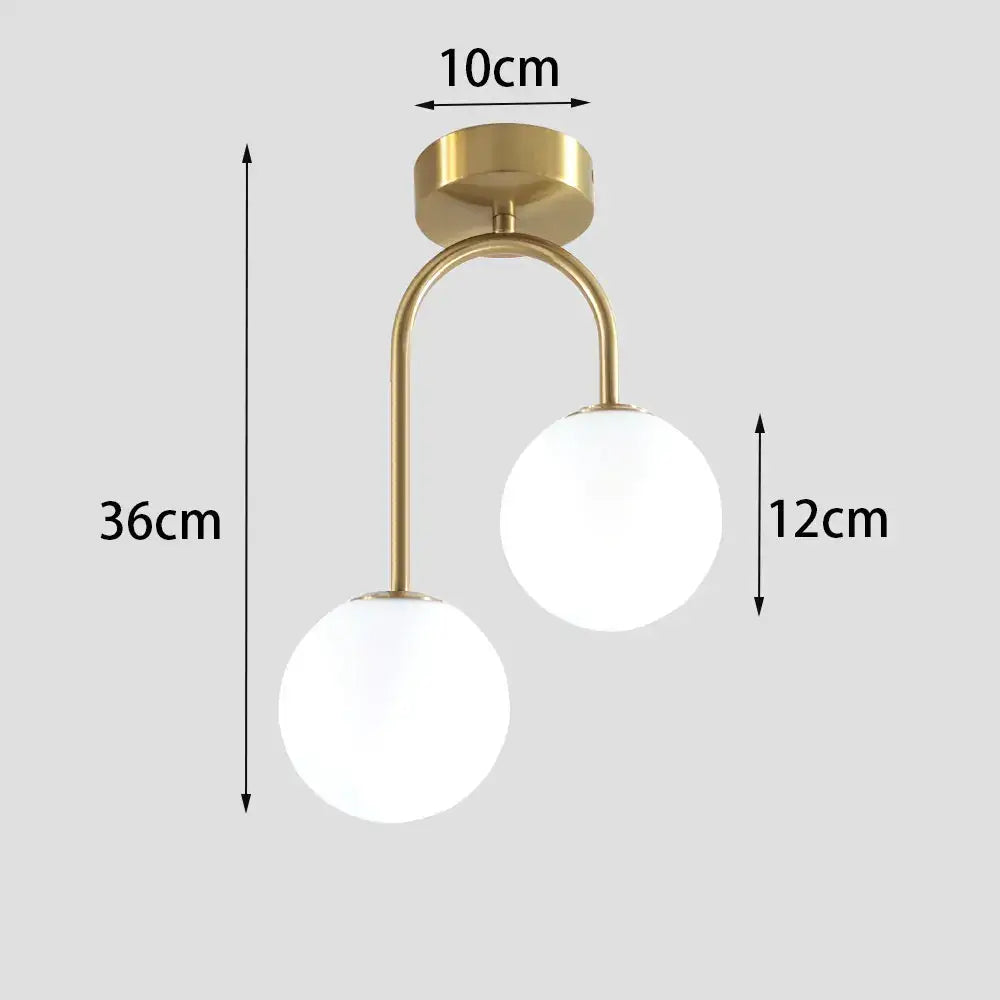 DecorBites modern ceiling light with brass finish and two white acrylic ball globes for home lighting