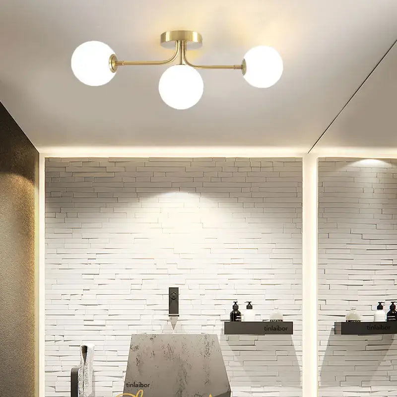 Brass-finished ceiling light with three white acrylic ball globes from decorbites modern acrylic ball ceiling light for home