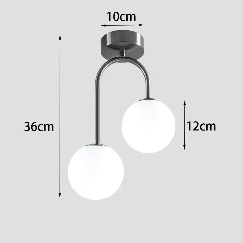 DecorBites modern acrylic ball ceiling light with two frosted white globes and curved chrome arms for home use