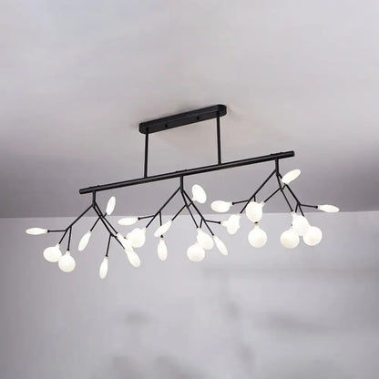 Black metal firefly island pendant chandelier with branching arms and frosted glass globes for dining room lighting