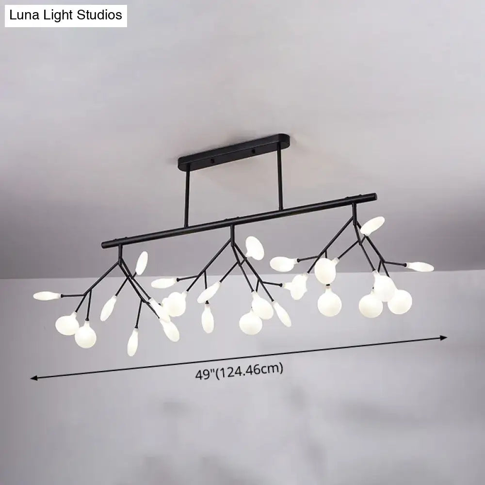 Black metal firefly island pendant chandelier with branching arms and frosted glass globe bulbs for dining room lighting