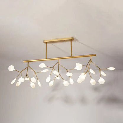 Gold-toned modern firefly island pendant with frosted glass globes and branching arms for dining room lighting