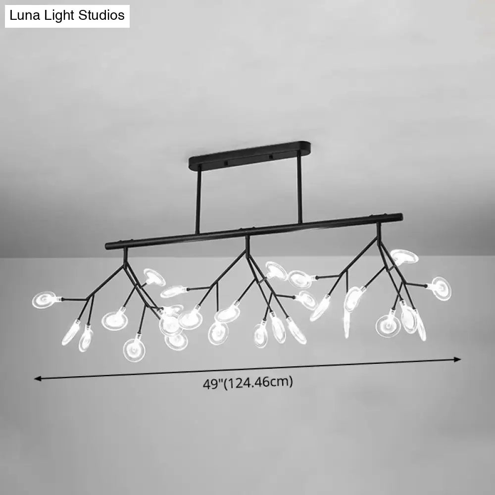 Black metal firefly island pendant chandelier with branching arms and frosted glass globe bulbs for dining room lighting
