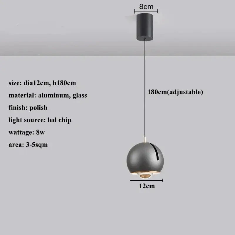 DecorBites™ modern adjustable led pendant light in black polished aluminum and glass with a sleek spherical design