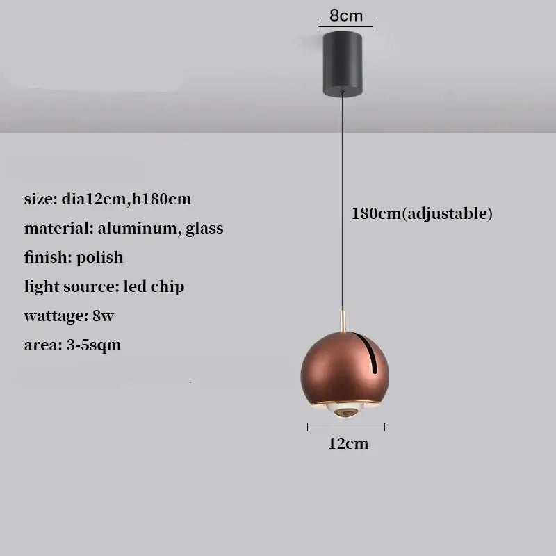Copper-finished DecorBites™ modern adjustable led pendant light with polished aluminum and glass and 180cm hanging length