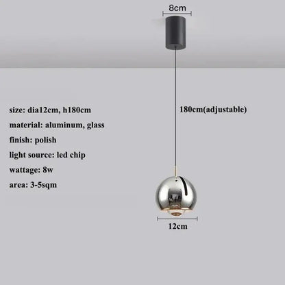 Polished chrome spherical adjustable led pendant light with aluminum and glass design and 180cm adjustable cord