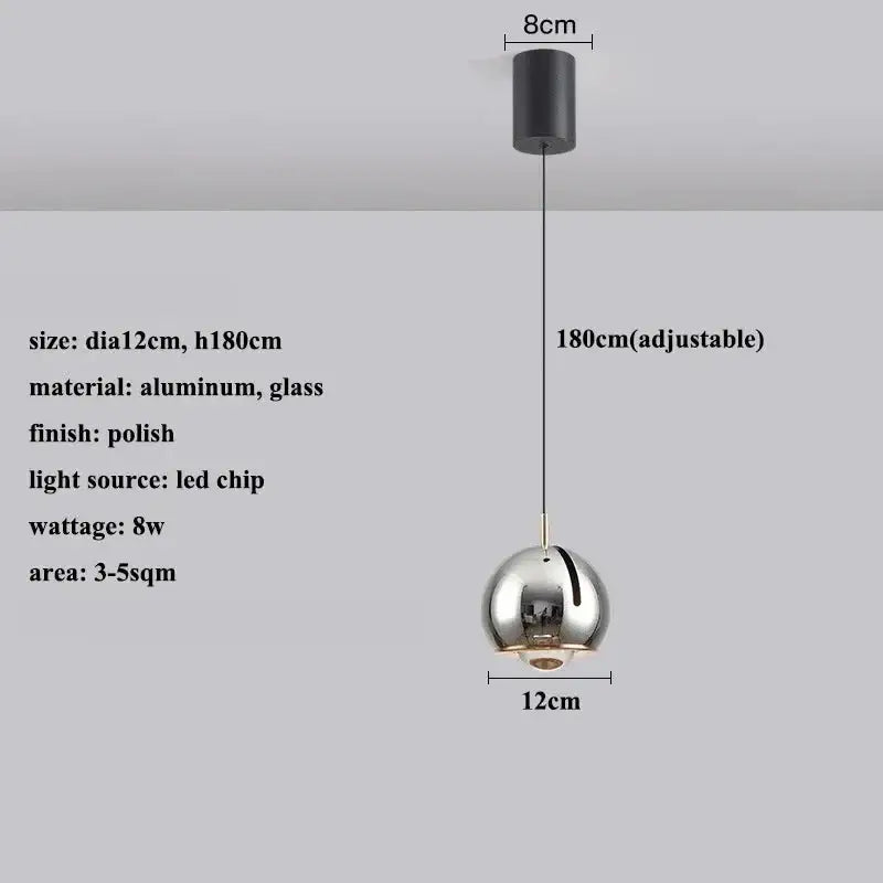 Polished chrome spherical adjustable led pendant light with aluminum and glass design and 180cm adjustable cord
