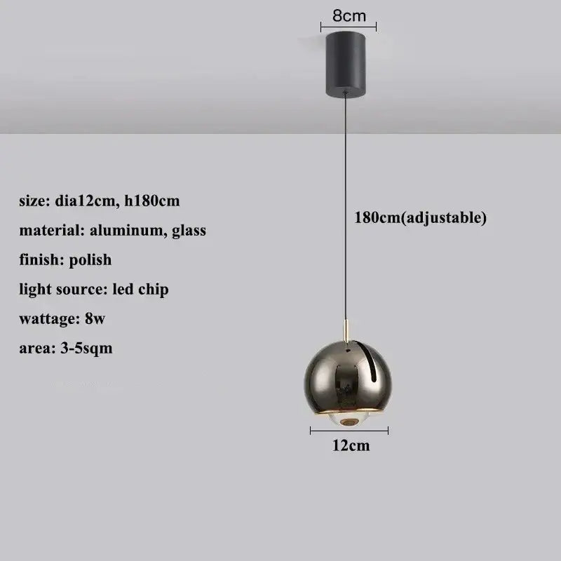 Decorbites modern adjustable led pendant light with a sleek polished aluminum and glass spherical design featuring an led chip
