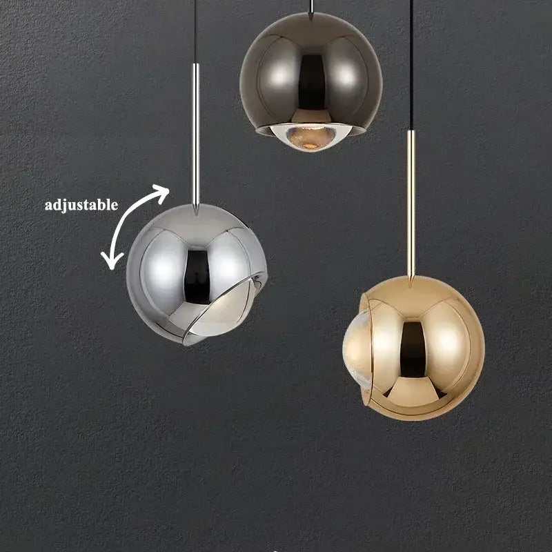 DecorBites modern adjustable led pendant light with three spherical silver, brushed chrome, and gold finishes on rods