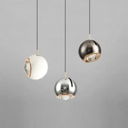 DecorBites™ modern adjustable led pendant light featuring three polished metallic spherical lights with gold accents