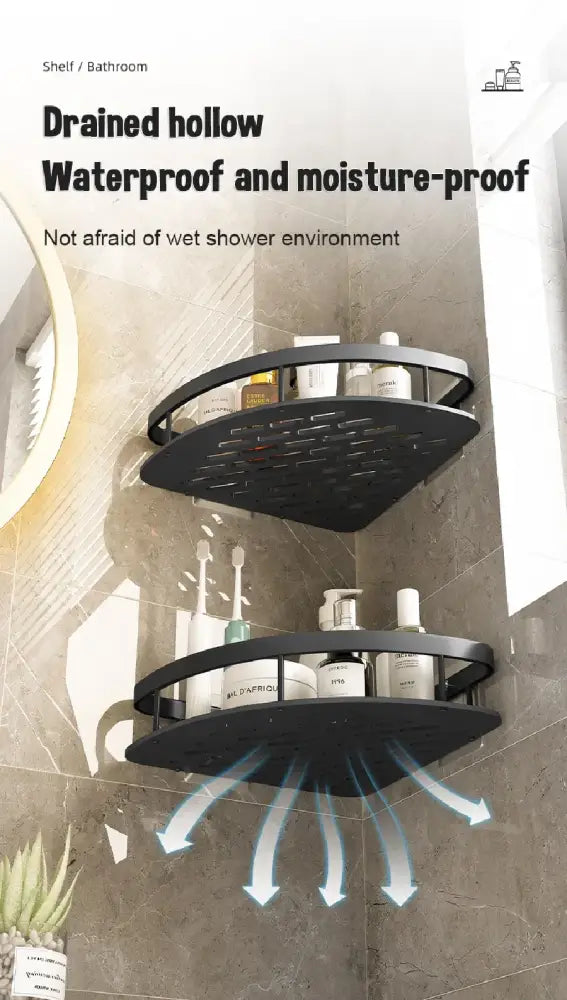 Black double-tiered decorbites™ aluminum bathroom corner caddy with hollow drainable design for wet shower use
