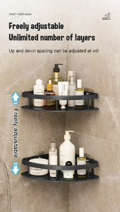 Black DecorBites™ modern aluminum bathroom corner caddy shelf with adjustable layers made of space aluminum for storage