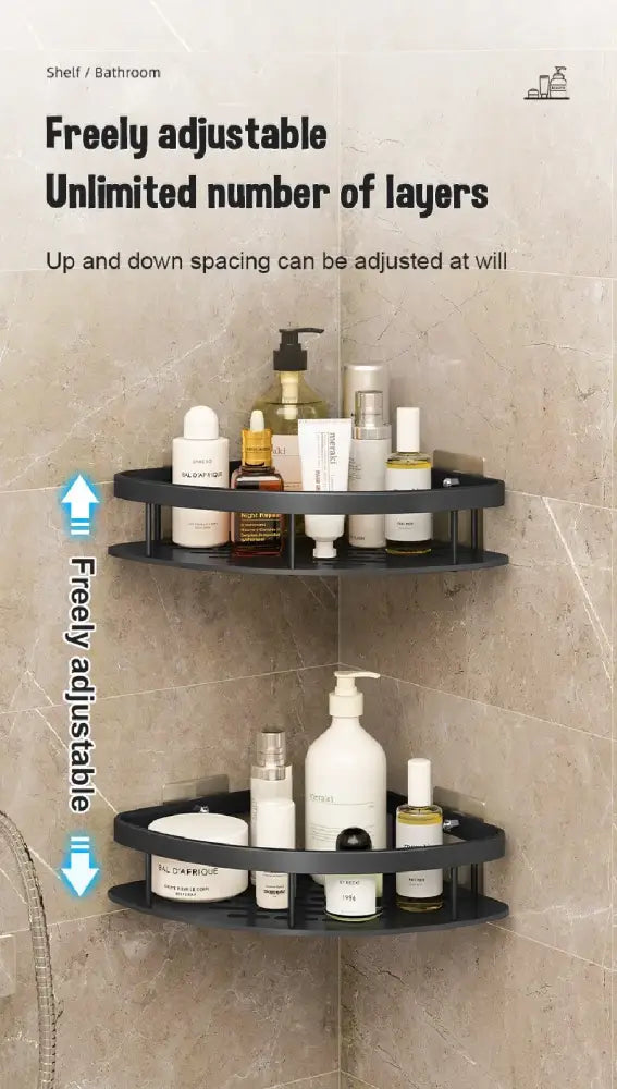 Black DecorBites™ modern aluminum bathroom corner caddy shelf with adjustable layers made of space aluminum for storage