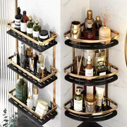 DecorBites modern black and gold three-tiered space aluminum corner caddy with slotted shelves for aluminum bathroom use