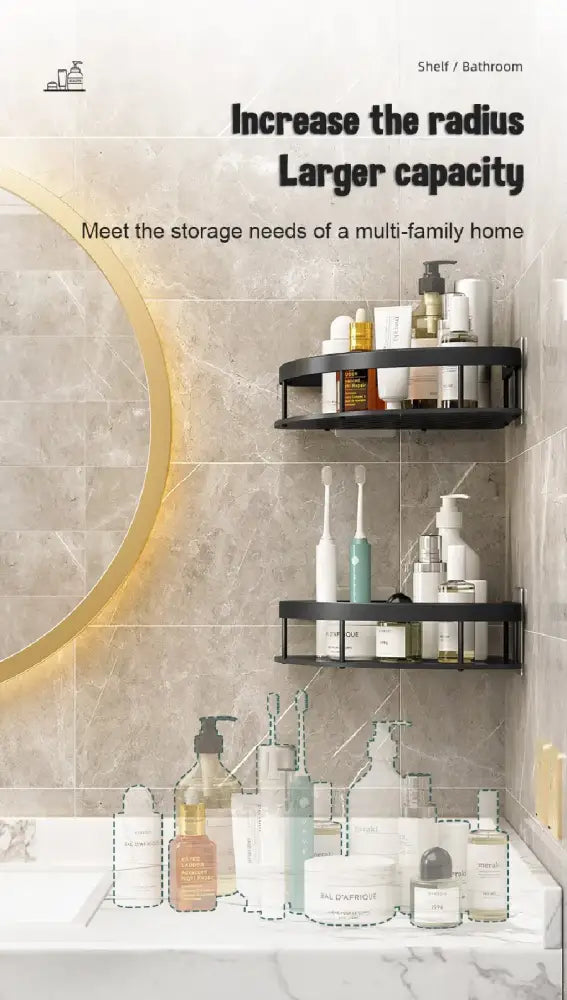 Decorbites modern black metal corner caddy with circular multi-tier design made of space aluminum for bathroom storage