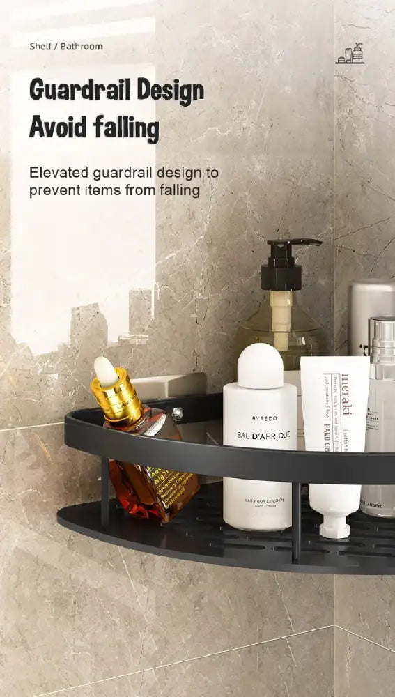 DecorBites™ modern black aluminum bathroom corner caddy shelf with guardrail design for space aluminum storage