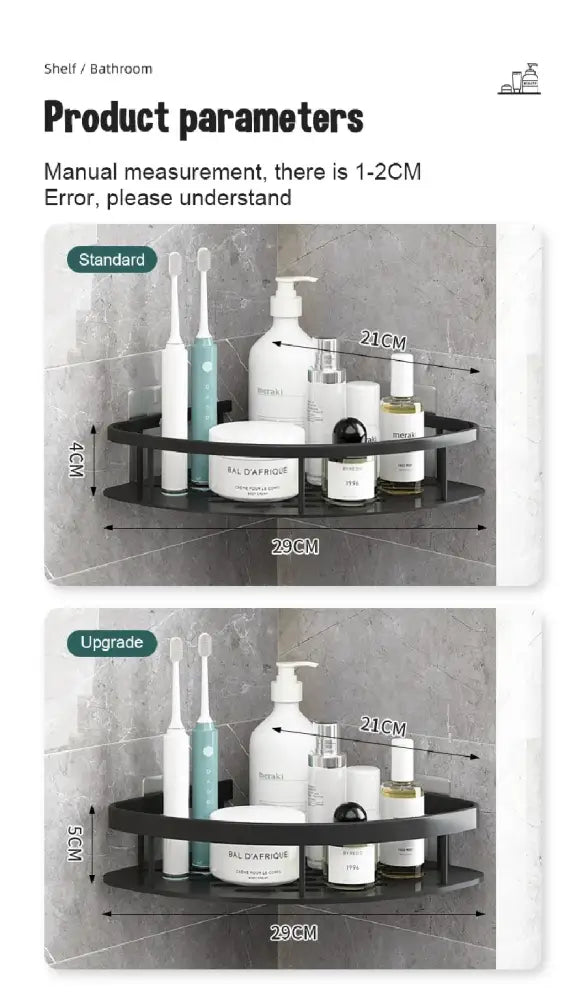 Black metal modern corner caddy shelf made of space aluminum for aluminum bathroom organization by DecorBites