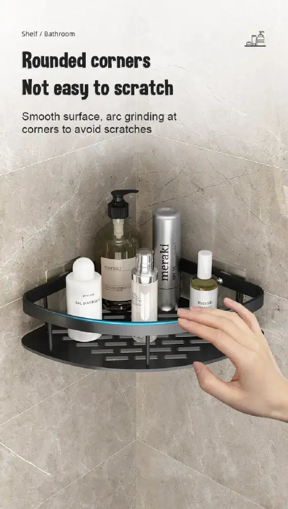 Black corner caddy shelf with rounded edges and glass top made of space aluminum for modern aluminum bathroom use