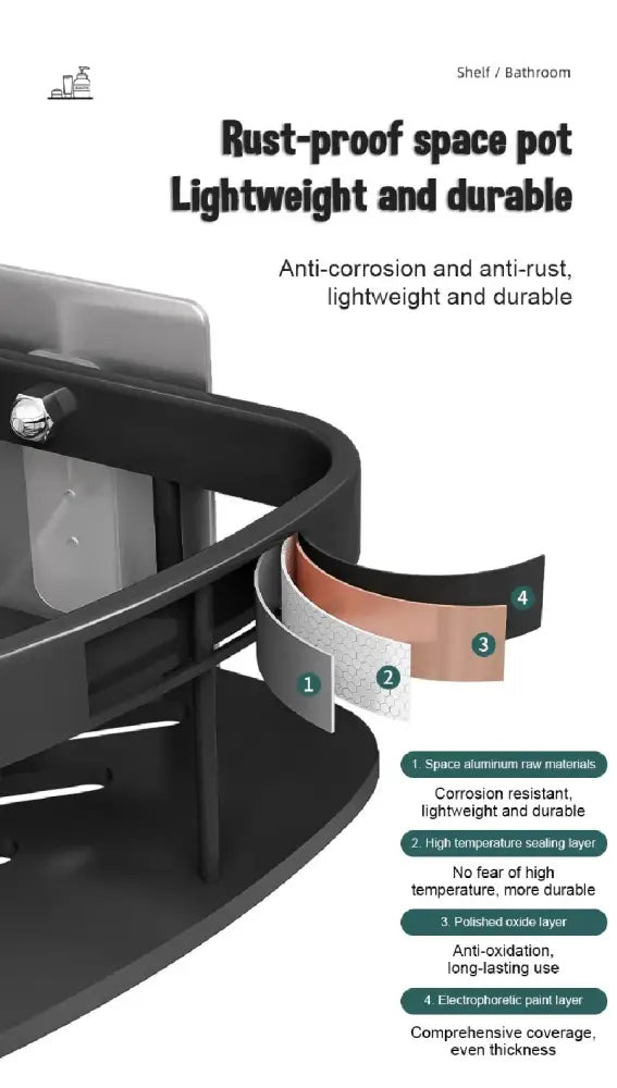 Black rust-proof space aluminum bathroom corner caddy with sleek curved design and durable multi-layered construction