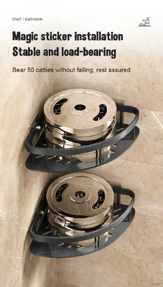 Black corner caddy shelf holding metallic weight plates made of space aluminum for aluminum bathroom use