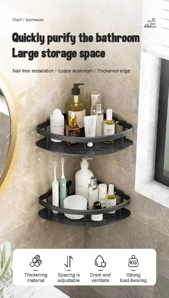 Black two-tiered decorbites™ aluminum bathroom corner caddy shelf made of space aluminum with thickened edge for strength