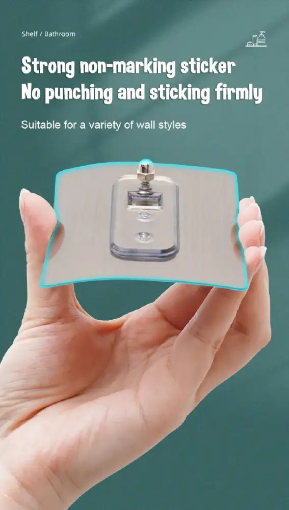 Decorbites™ modern aluminum bathroom corner caddy with a clear adhesive sticker, metallic plate, and light blue border