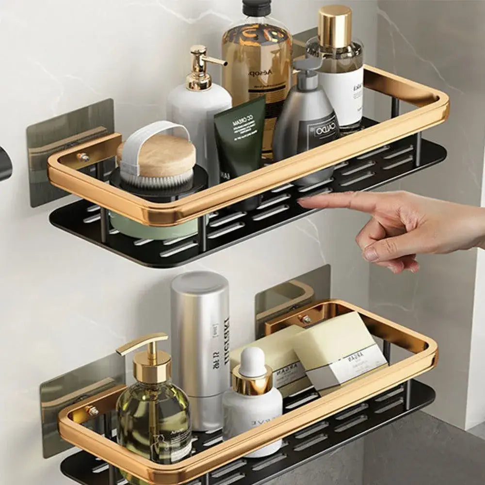Decorbites™ modern aluminum bathroom corner caddy shelf with black and gold slatted space aluminum design for organized storage