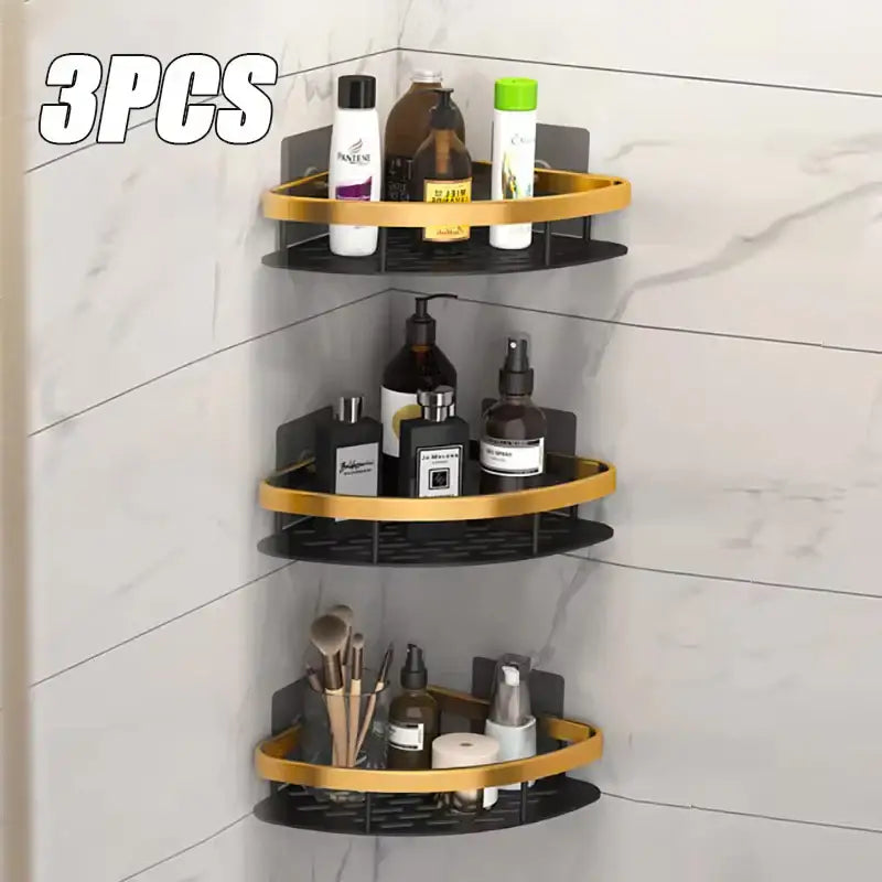 Set of three black and gold aluminum bathroom corner caddy shelves with sleek modern design and space aluminum build