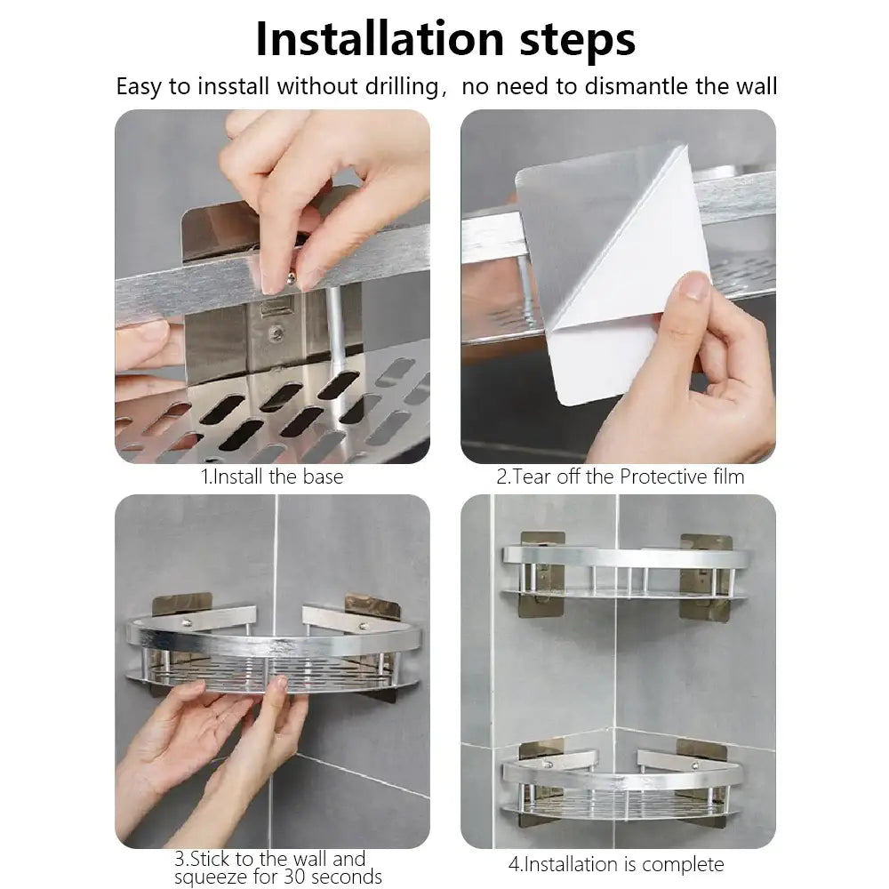 Silver stainless steel modern aluminum bathroom corner caddy shelf with perforated design and adhesive backing