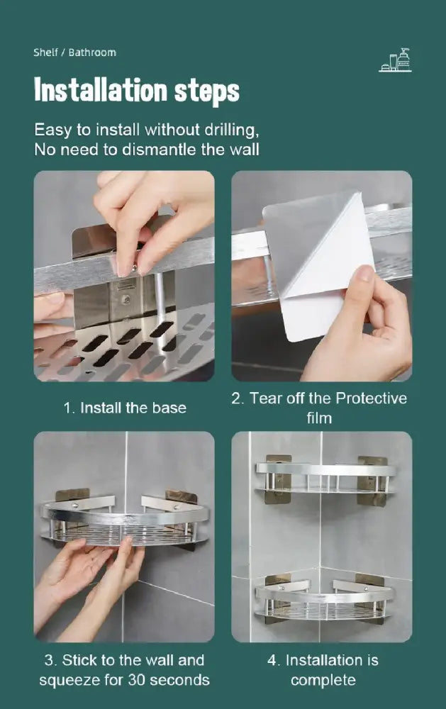Decorbites modern aluminum bathroom corner caddy shelf silver metallic perforated space aluminum with adhesive backing