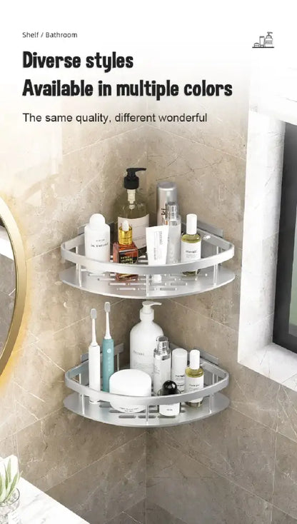 Silver three-tiered decorbites™ modern aluminum bathroom corner caddy shelf with perforated space aluminum design