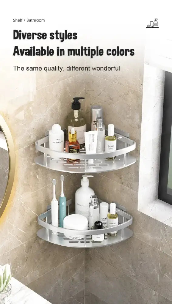 Silver three-tiered decorbites™ modern aluminum bathroom corner caddy shelf with perforated space aluminum design
