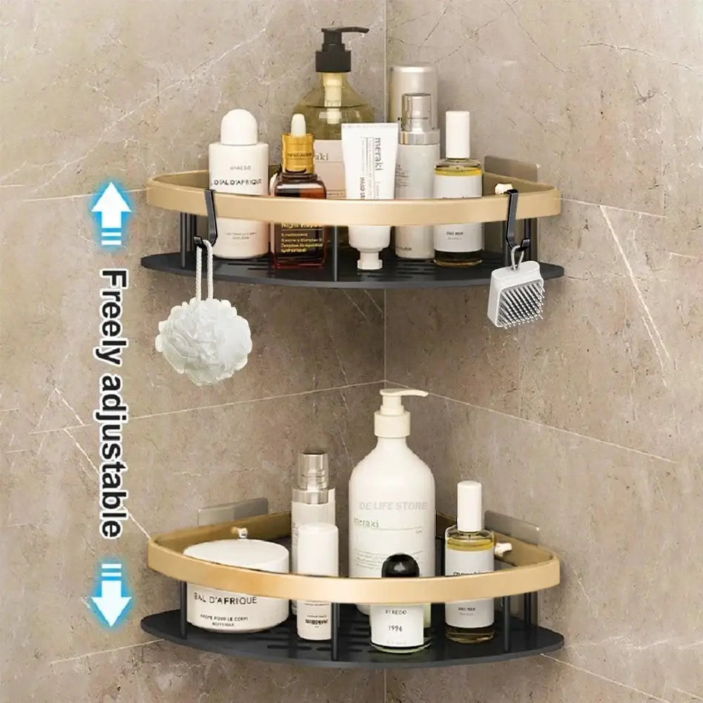 Decorbites modern aluminum bathroom corner caddy shelf with two-tiered black and gold space aluminum frame and adjustable hooks