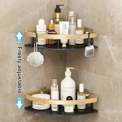 Decorbites modern aluminum bathroom corner caddy shelf with two-tiered black and gold space aluminum frame and adjustable hooks