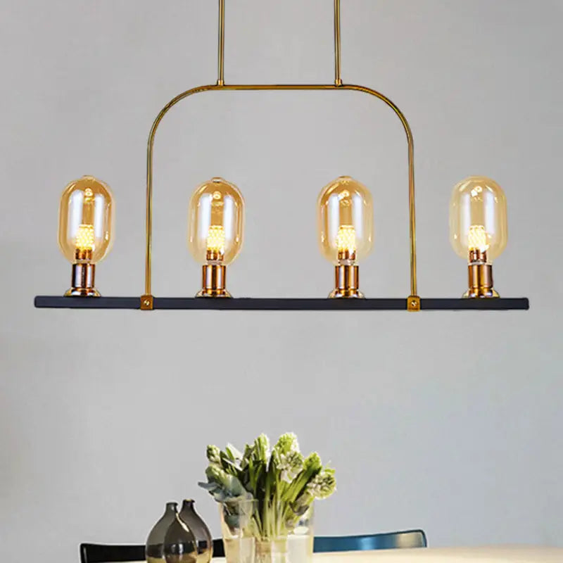DecorBites™ modern amber glass 4-light hanging ceiling lamp with gold-toned metallic frame and black metal bar