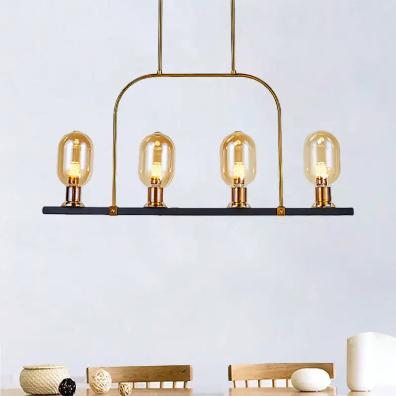 Decorbites modern amber glass 4-light hanging ceiling lamp with metallic frame and gold-toned industrial pendant design