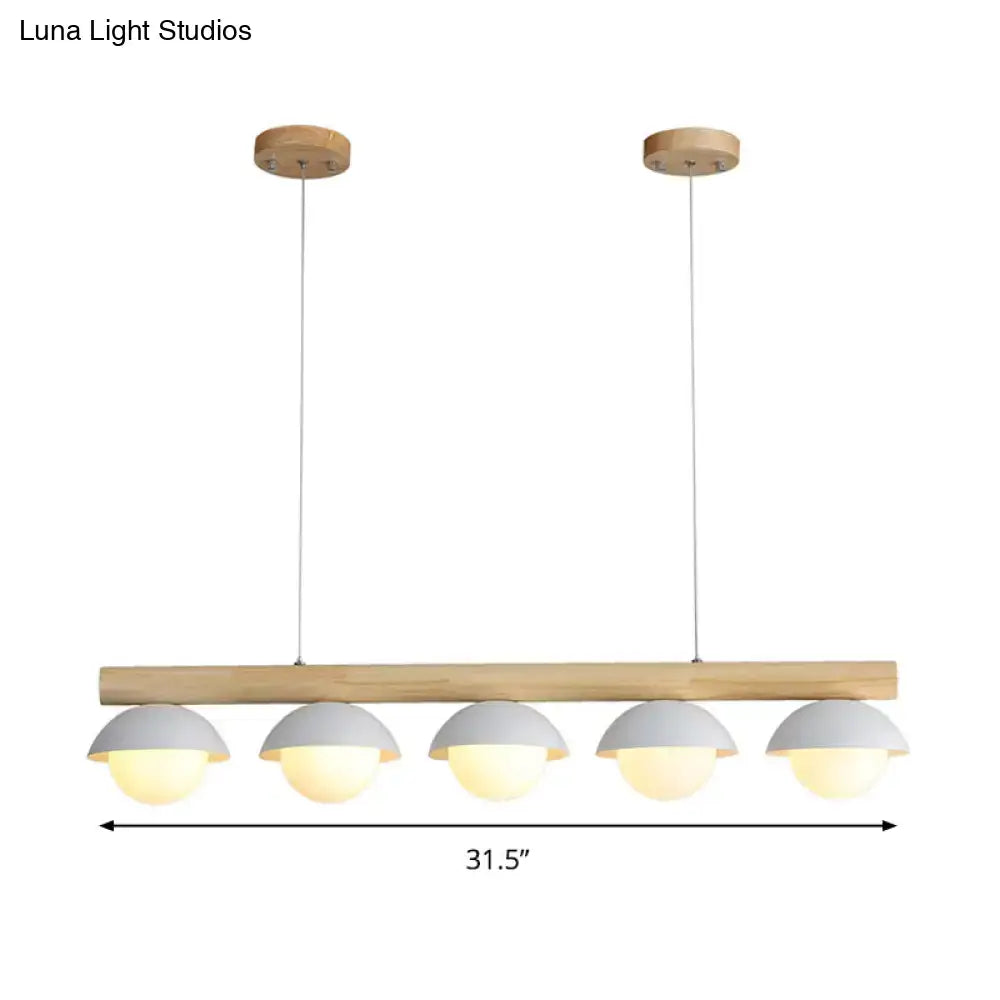 Modern minimalist ceiling lamp with natural wood bar and five matte gray dome shades tubular wood led island lighting
