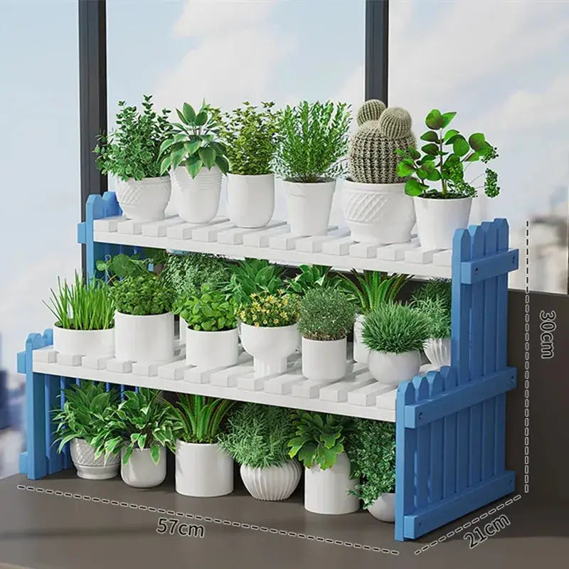 Decorbites modern bamboo two-tier blue and white plant display stand with picket fence design for indoor use