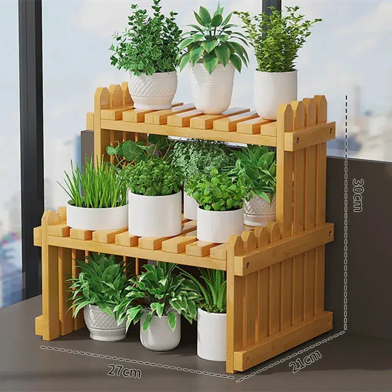 Light brown bamboo two-tier plant display stand with picket fence design by DecorBites for indoor plant display