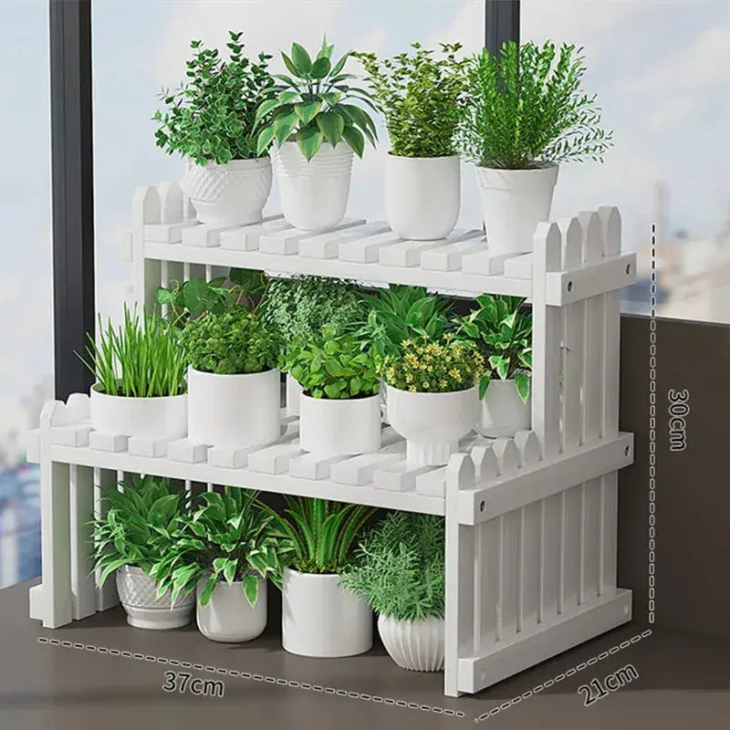Decorbites modern bamboo white picket fence 2-tier plant display stand for indoor plant display