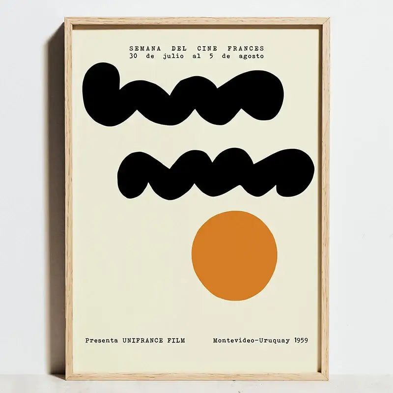 A minimalist bauhaus exhibition poster with bold black wavy lines and an orange circle in a light wood frame