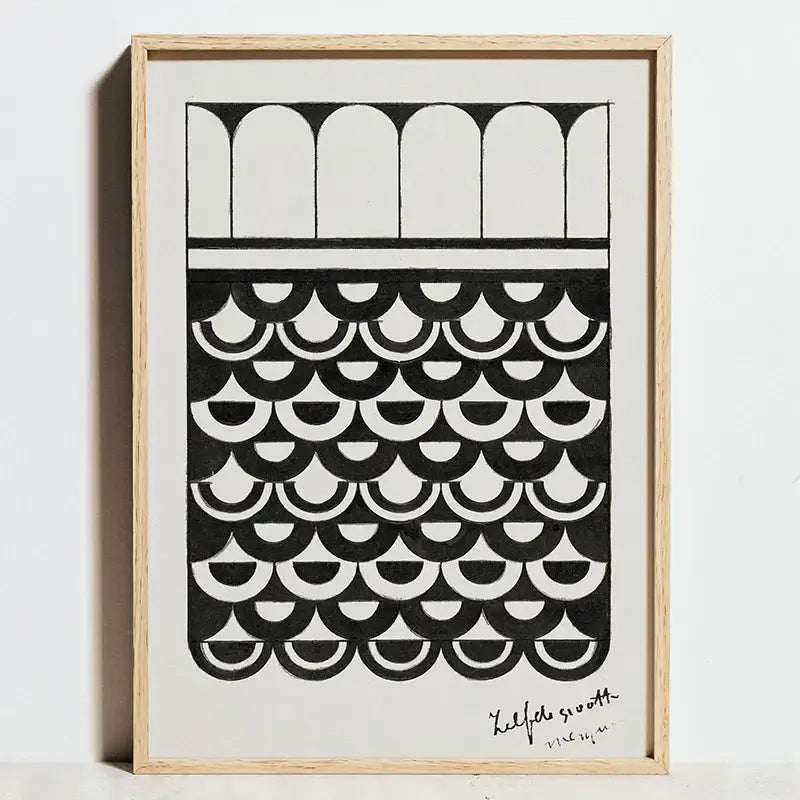 DecorBites™ modern bauhaus exhibition posters feature minimalist black and white abstract art in a light wood frame