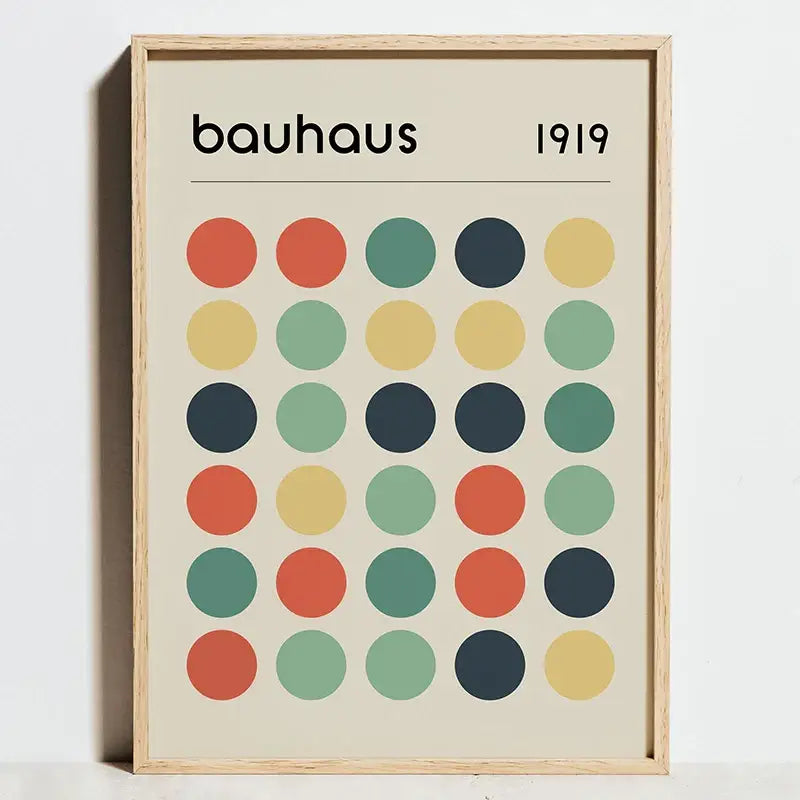 Minimalist framed decorbites modern bauhaus exhibition poster with bauhaus logo and colorful circles on off-white background