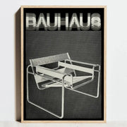 Black and white bauhaus exhibition poster featuring a minimalist chair design framed by light wood for home decor