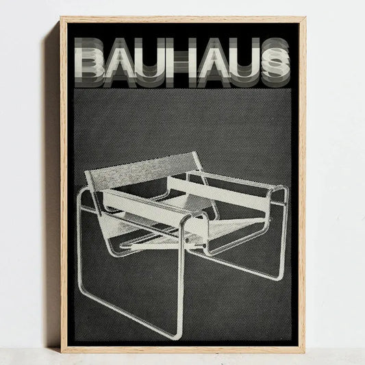 Black and white bauhaus exhibition poster featuring a minimalist chair design framed by light wood for home decor