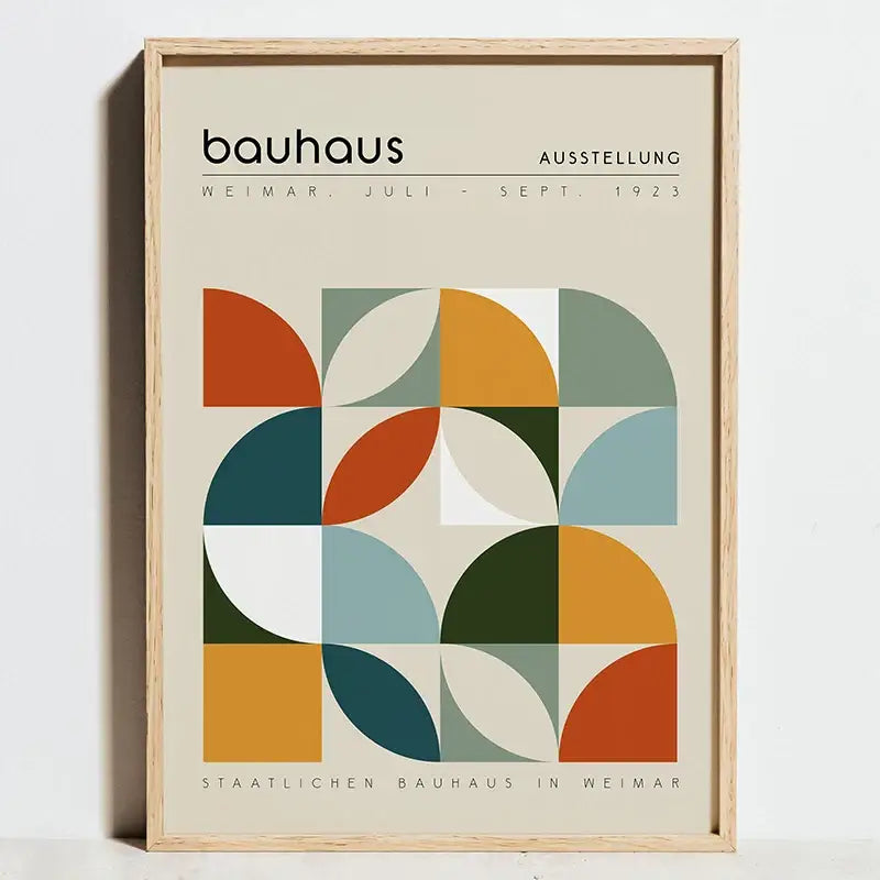 A framed DecorBites™ modern bauhaus exhibition poster with geometric overlapping semicircles in orange teal olive green and muted blue