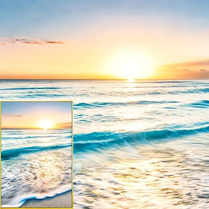 DecorBites™ modern beach sunset canvas wall art set featuring golden light reflecting on turquoise waves at sunset